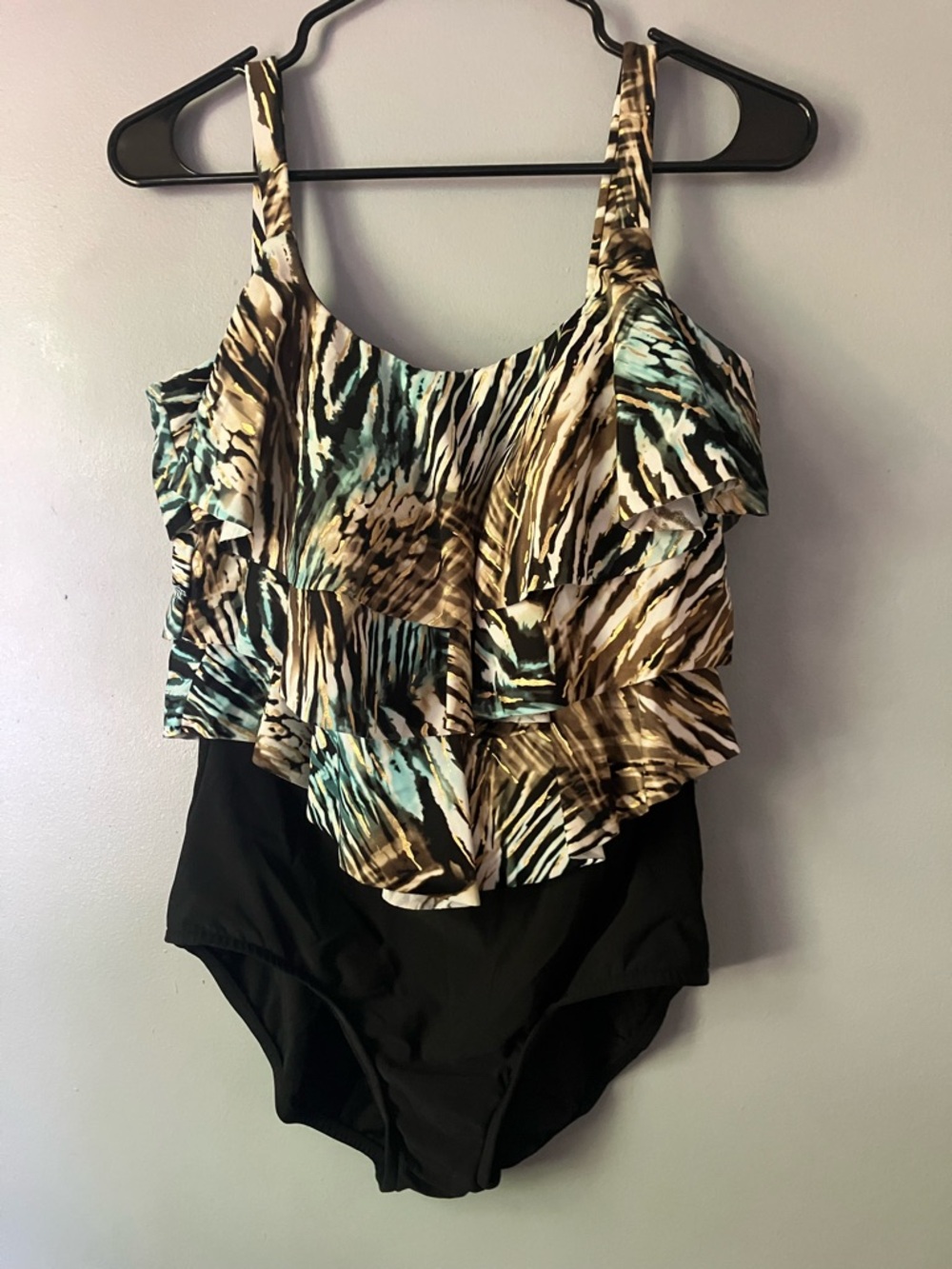 Black One-Piece Swimsuit with Multicolor Ruffle Overlay